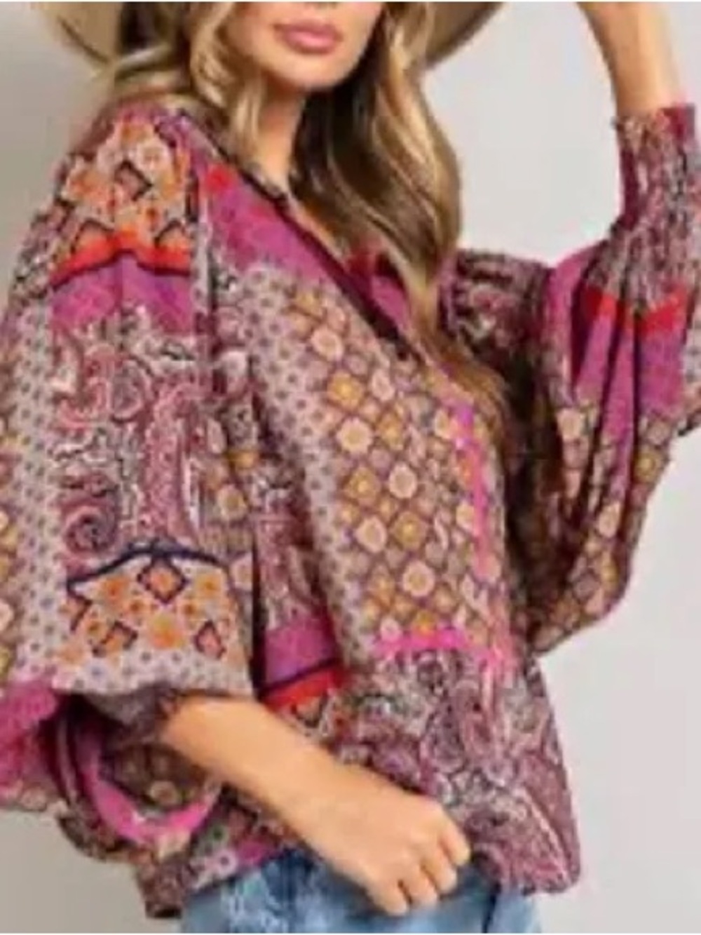 eesome Pink Multi Boho V-Neck Balloon Sleeve Blouse